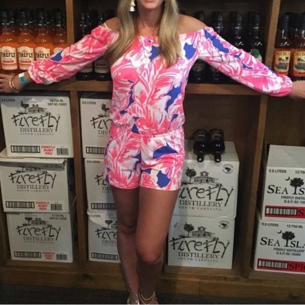 Lilly Pulitzer Lana off or on shoulder romper in beautiful Beach Bliss pattern